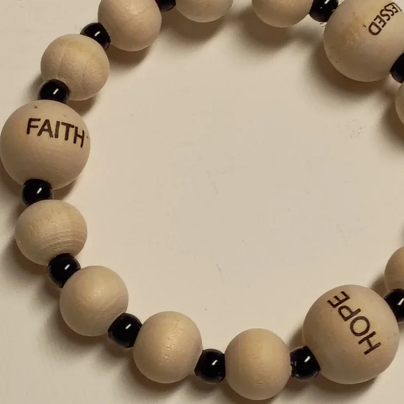 Hand Crafted Natural Wood and Black Bead Bracelet with Silver Wing Charm - Picture 3 of 6